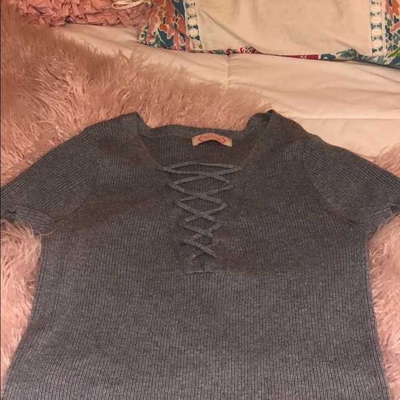 Lace Up Grey Sweater Dress - Picture 2 of 5